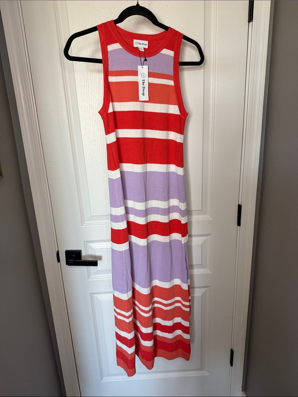 The Drop Sleeveless Striped Maxi Dress in Red & Lavender